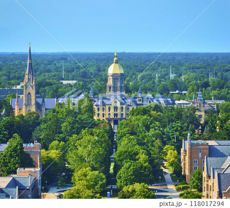 Aerial View of Notre Dame Golden Dome and Basilica with Lush Campus 118017294
