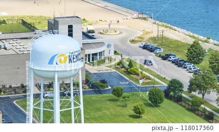Aerial View of Kenosha Water Tower and Lake Michigan Beach 118017360