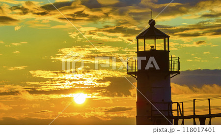 Aerial Tilt of Golden Hour Sunset Over St. Joseph Lighthouse Aerial Tilt of Golden Hour Sunset Over St. Joseph Lighthouse 118017401