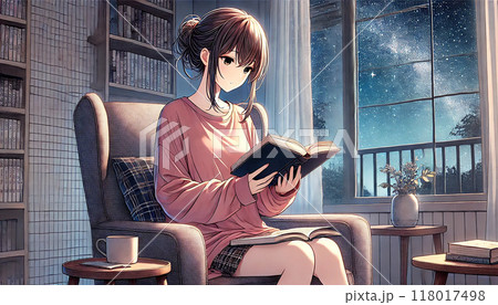 夜、椅子に座り本を読む女性 118017498