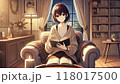 夜、椅子に座り本を読む女性 118017500