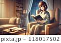 夜、椅子に座り本を読む女性 118017502