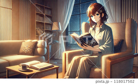 夜、椅子に座り本を読む女性 118017502