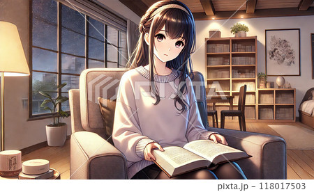 夜、椅子に座り本を読む女性 118017503