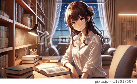 夜、椅子に座り本を読む女性 118017507