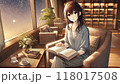 夜、椅子に座り本を読む女性 118017508