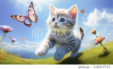 野原で遊ぶ子猫 118017513