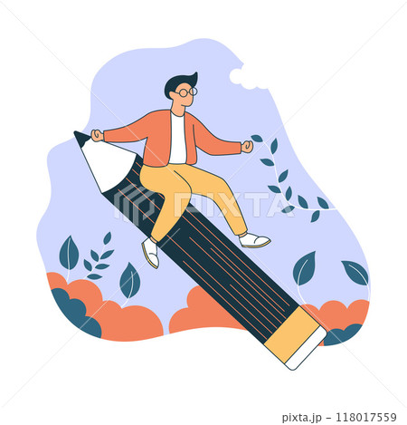 Boy High School Student Character Illustration Surfing on Giant Pencil in the Park Boy High School Student Character Illustration Surfing on Giant Pencil in the Park 118017559