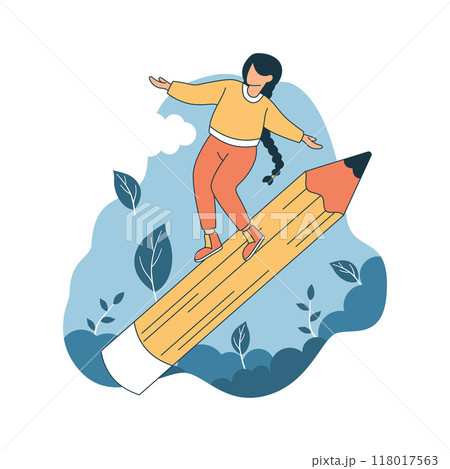 Girl High School Student Character Illustration Surfing on Giant Pencil in the Park Girl High School Student Character Illustration Surfing on Giant Pencil in the Park 118017563