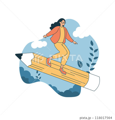 Girl High School Student Character Illustration Surfing on Giant Pencil in the Park Girl High School Student Character Illustration Surfing on Giant Pencil in the Park 118017564