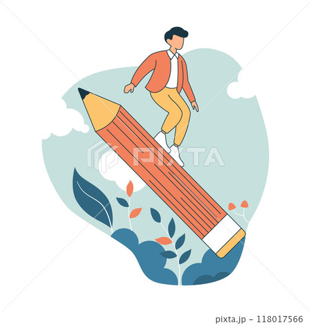 Boy High School Student Character Illustration Surfing on Giant Pencil in the Park Boy High School Student Character Illustration Surfing on Giant Pencil in the Park 118017566