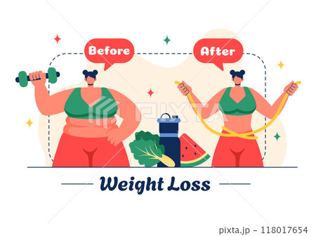 Weight Loss Vector Illustration of a Woman's Body Transformation emphasizing Fitness, Sports, Diet, and a Healthy Lifestyle in a Style Background 118017654