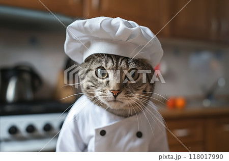 Tabby cat dressed as chef Tabby cat dressed as chef 118017990