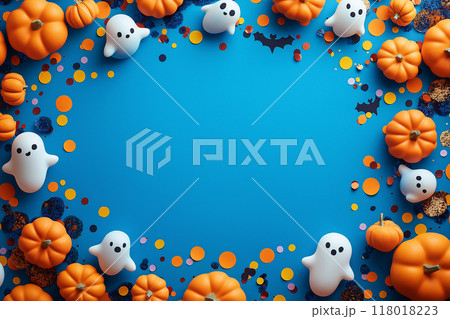 Halloween-themed background with playful ghosts, pumpkins, and confetti on a bright blue backdrop 118018223