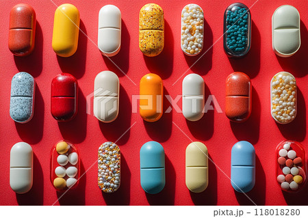 A top view of various pills spread out on a bold red background A top view of various pills spread out on a bold red background 118018280