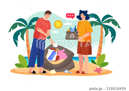 Couple collecting waste from the beach Illustration concept on white background 118018439