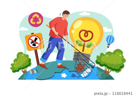 Man with a net catches floating plastic from the river Illustration concept on white background Man with a net catches floating plastic from the river Illustration concept on white background 118018441