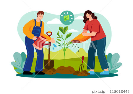 Team of volunteers planting trees in the park Illustration concept on white background Team of volunteers planting trees in the park Illustration concept on white background 118018445