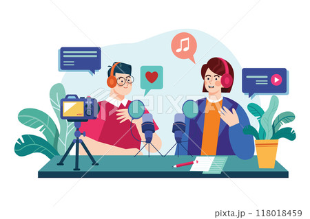 Man and woman recording a podcast conversation Illustration concept. Flat illustration isolated on white background 118018459
