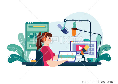 Woman editing podcast at the studio Illustration concept. Flat illustration isolated on white background 118018461