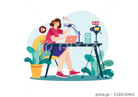 Woman speaking into a microphone while recording video Illustration concept. Flat illustration isolated on white background 118018463