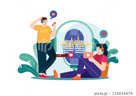 Couple listening to a romantic podcast Illustration concept. Flat illustration isolated on white background 118018474
