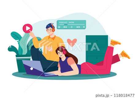 Couple listening podcast show Illustration concept. Flat illustration isolated on white background Couple listening podcast show Illustration concept. Flat illustration isolated on white background 118018477