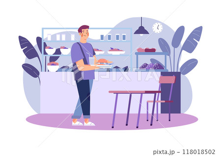 Boy collecting food from school food canteen Illustration concept on white background 118018502