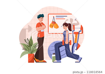 Fitness coucher training woman in gym Illustration concept on white background Fitness coucher training woman in gym Illustration concept on white background 118018564