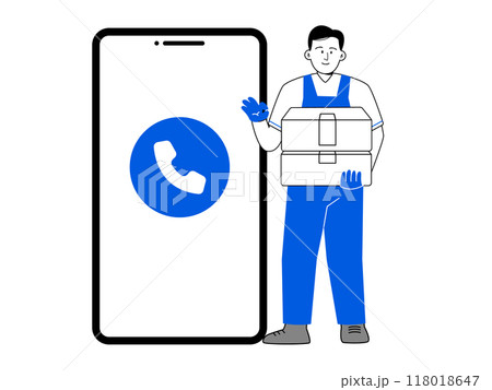Delivery call center contact connect man postman shipment delivery service bring box blue black and white illustration Delivery call center contact connect man postman shipment delivery service bring box blue black and white illustration 118018647
