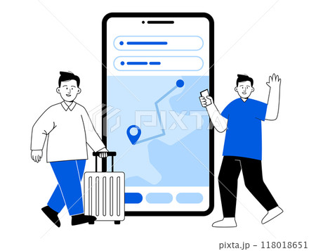 Map route direction mobile application guide navigation friends man travelling large smartphone screen black white blue illustration 118018651
