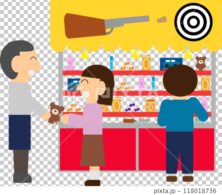Illustration of a shooting gallery stall at a festival crowded with customers 118018736