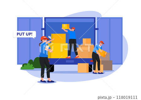 Manager ordering worker to put boxes in a truck Manager ordering worker to put boxes in a truck 118019111