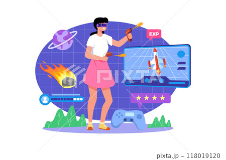 Girl playing a game in the metaverse Girl playing a game in the metaverse 118019120