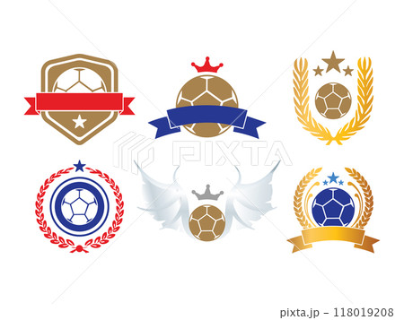 Soccer football logo championship tournament emblem in golden red blue color with shield ribbon league club design 118019208