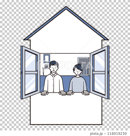 一對情侶把頭伸出房子窗外的插畫素材 118019230