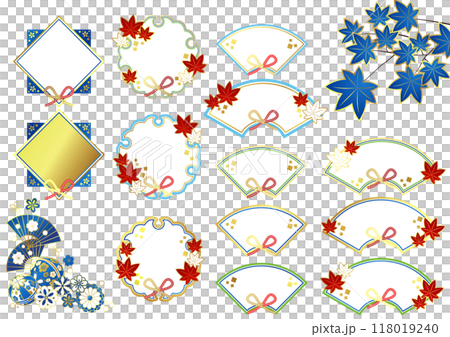 秋の和風フレームセット、紅葉、青、かわいい、イラスト、アイコン 秋の和風フレームセット、紅葉、青、かわいい、イラスト、アイコン 118019240