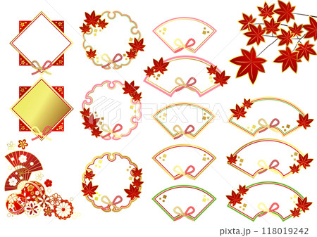 秋の和風フレームセット、紅葉、赤、かわいい、イラスト、アイコンの