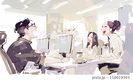 仕事中に談笑する　仲のいい社員たち 118019303