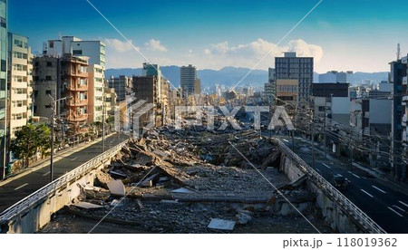 地震で壊滅的ダメージを負った都市景観のイメージ 118019362