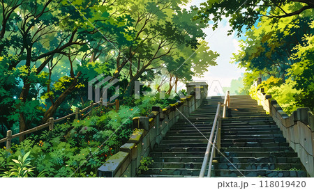 大きな階段と緑の森と青い空のイラスト素材 [118019420] - PIXTA