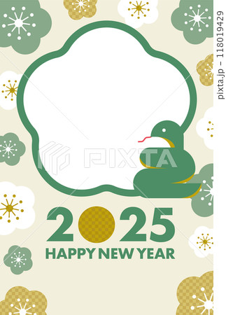 2025年のおしゃれな緑の和モダンな巳年の年賀状素材_縦デザイン_写真フレーム付き 118019429