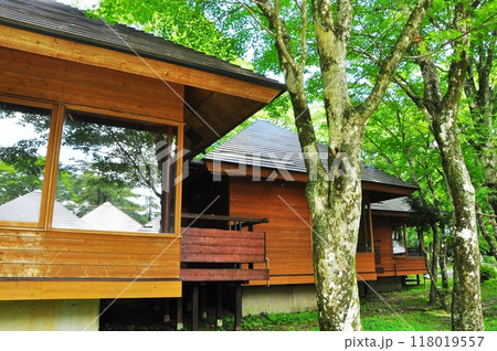 箱根町　芦ノ湖キャンプ村のケビン棟と新緑 118019557