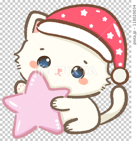 Kawaii Illustration doodle pink Christmas for greeting card, invitation, party  Hand drawn cute white cat wearing a santa hat and holding big pink star 118020034