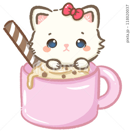 Kawaii Illustration doodle pink Christmas for greeting card, invitation, party Hand drawn cute white cat poking its head from a hot cacao with whipped cream Kawaii Illustration doodle pink Christmas for greeting card, invitation, party Hand drawn cute white cat poking its head from a hot cacao with whipped cream 118020037