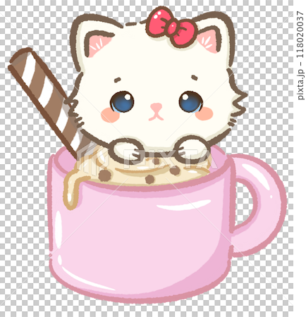 Kawaii Illustration doodle pink Christmas for greeting card, invitation, party Hand drawn cute white cat poking its head from a hot cacao with whipped cream Kawaii Illustration doodle pink Christmas for greeting card, invitation, party Hand drawn cute white cat poking its head from a hot cacao with whipped cream 118020037