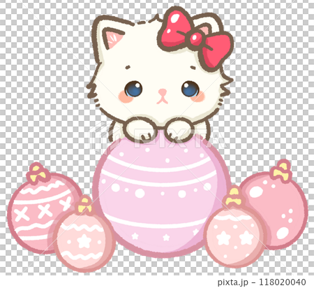 Kawaii Illustration doodle pink Christmas for greeting card, invitation, party Hand drawn cute white cat behind christmas decorations Kawaii Illustration doodle pink Christmas for greeting card, invitation, party Hand drawn cute white cat behind christmas decorations 118020040