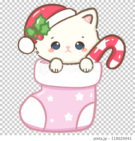 Kawaii Illustration doodle pink Christmas for greeting card, invitation, party  Hand drawn cute white cat wearing a holly branch Christmas hat inside a pink stocking with a candycane 118020041