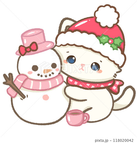 Kawaii Illustration doodle pink Christmas for greeting card, invitation, party  Hand drawn cute white cat wearing Christmas hat  making a snowman wearing a pink top hat  Kawaii Illustration doodle pink Christmas for greeting card, invitation, party  Hand drawn cute white cat wearing Christmas hat  making a snowman wearing a pink top hat  118020042
