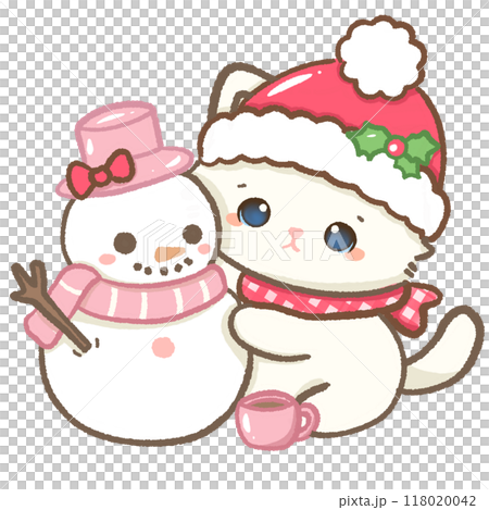 Kawaii Illustration doodle pink Christmas for greeting card, invitation, party  Hand drawn cute white cat wearing Christmas hat  making a snowman wearing a pink top hat  Kawaii Illustration doodle pink Christmas for greeting card, invitation, party  Hand drawn cute white cat wearing Christmas hat  making a snowman wearing a pink top hat  118020042